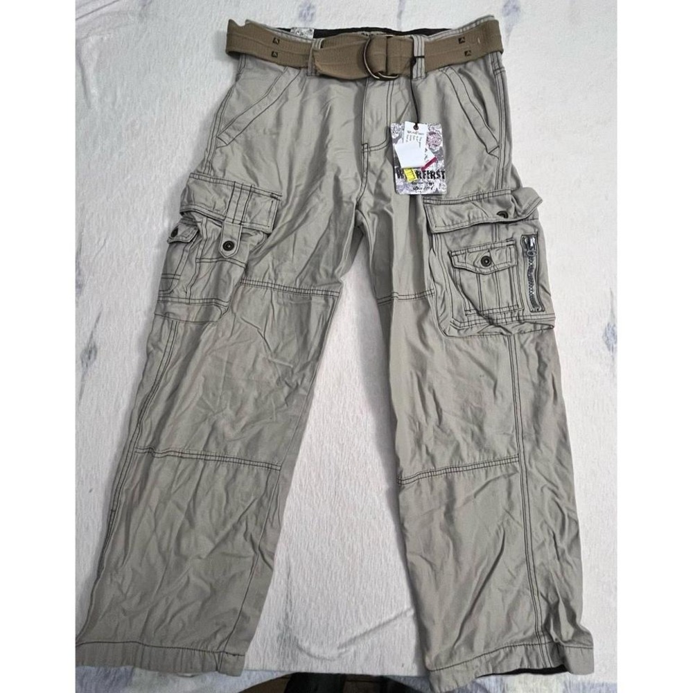 WearFirst‎ Men's Cargo Pants 32x30 Tan Belted Multi-Pocket Hiking Y2K NWT